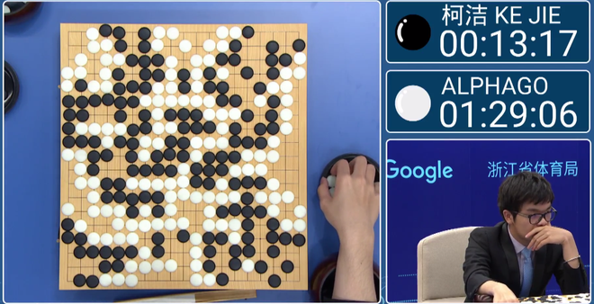 
Thế trận bàn cờ khi kết thúc game đấu đầu tiên, kỳ thủ Ke Jie đi quân đen và AlphaGo đi quân trắng.
